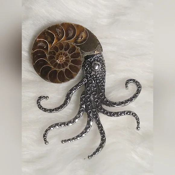 Ammonite Fossil Shell Octopus Brooch | Nautical Statement Pin | Ocean Gothic Jew - Picture 4 of 9